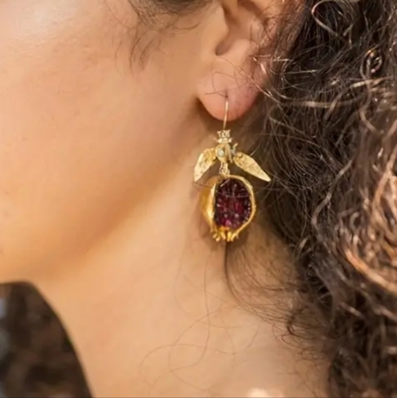 Vintage Drop Earrings, Retro Fly & Pomegranate Design, Inlaid Natural stone - Picture 3 of 4